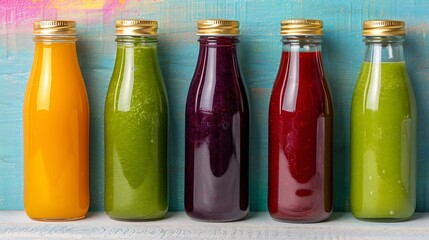 Fresh Juice Detox Smoothies in Bottles on Blue Wooden Background
