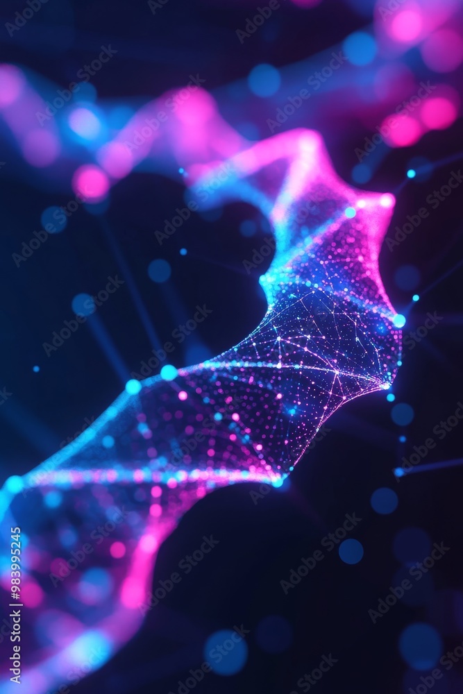 Poster a vibrant abstract representation of a digital wave, featuring glowing particles and interconnected 
