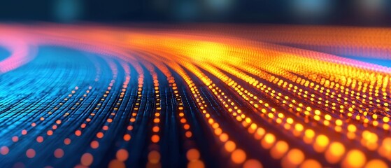 A vibrant, abstract image featuring flowing lines and glowing dots in electric blue and orange hues, representing digital concepts and data visualization.