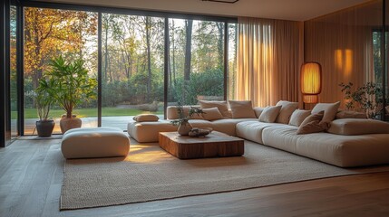Cozy living room with large windows and autumn view Generative AI