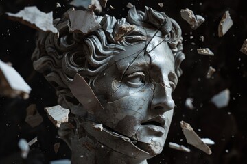 Marble statue with falling pieces. Roman cracked ancient head. Classical rome god portrait. Old renaissance museum monument. Greece culture, broken antique stone sculpture