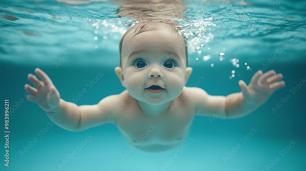 Poster Cute little baby swimming under water. Baby swimming classes 