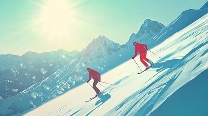 Fototapeta premium Couple on ski slope skiing on sunny day in the alps. 