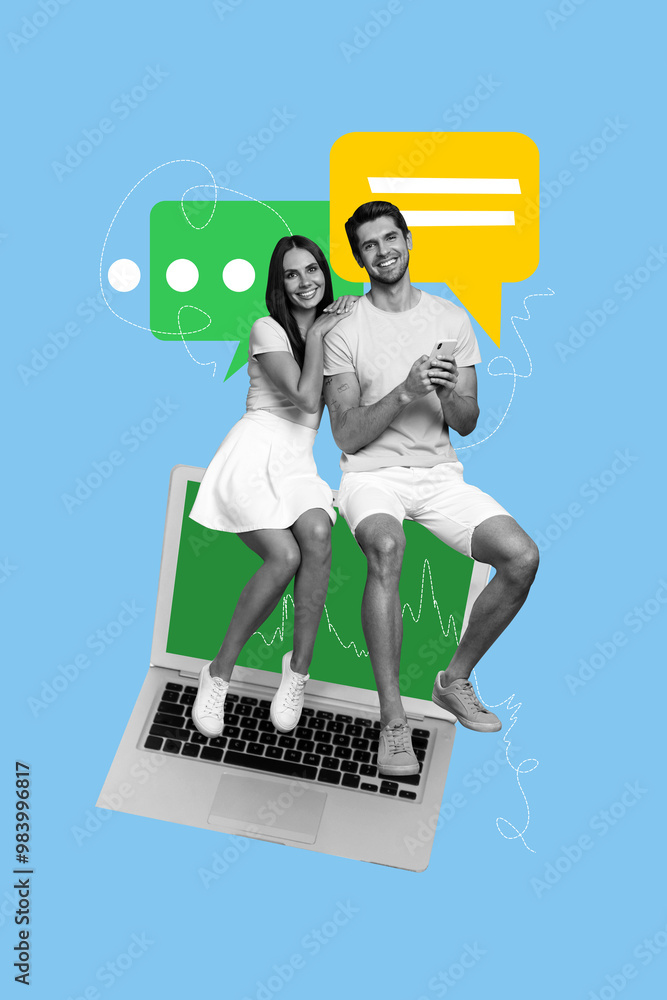 Aufkleber composite trend artwork image collage of lady man sit laptop digital cloud conversation dialog techn