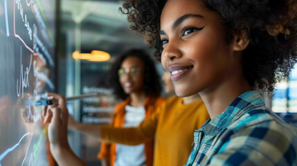 A young woman engages with an interactive whiteboard during a collaborative learning session in a modern classroom setting