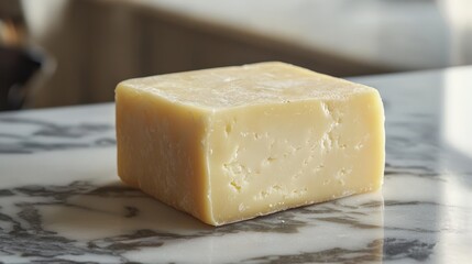 Naklejka premium A simple yet elegant presentation of a block of cheese on a marble surface. The cheese is dense and firm, with a pale yellow hue and a smooth, glossy texture. Its corners are sharp, while its surface