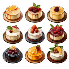 Different types of cheesecakes on transparent background