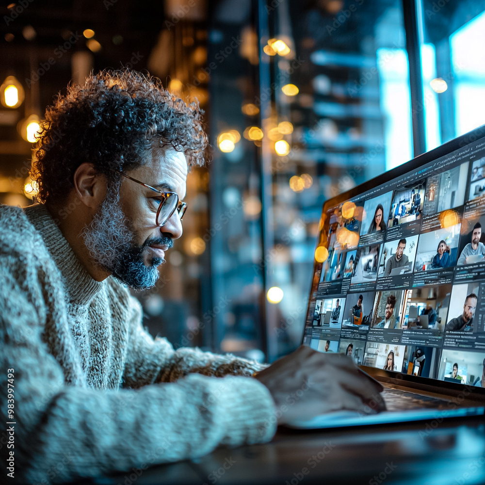 Poster a man is sitting at a table with a laptop open in front of him. ai generated