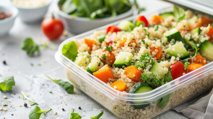 Healthy lunchbox featuring quinoa mixed with fresh vegetables during meal prep at home for a nutritious midday meal