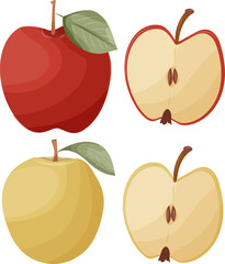 vector red and green apple set illustration, graphic slice apple clipart, food, harvest clip art