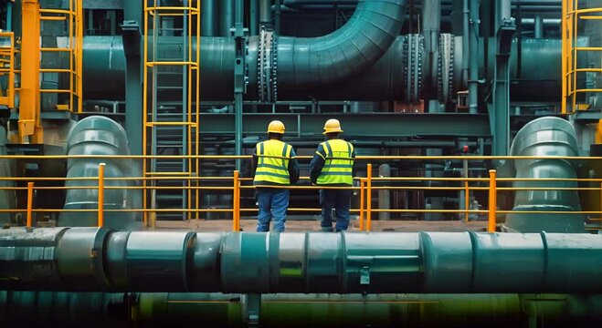 Two Industrial Workers Stand on a Platform Surrounded by Large Pipes