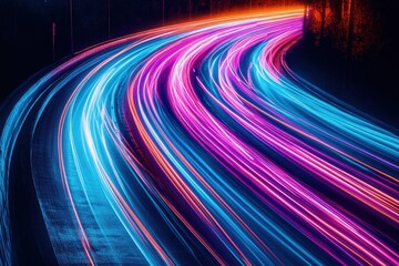 Bright neon light trails, in hues of blue, pink, and orange, streak across a dark background,