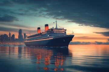 Obraz premium A majestic ship sails through calm waters at sunset. The skyline creates a stunning backdrop. Perfect for travel themes and maritime art. Generative AI