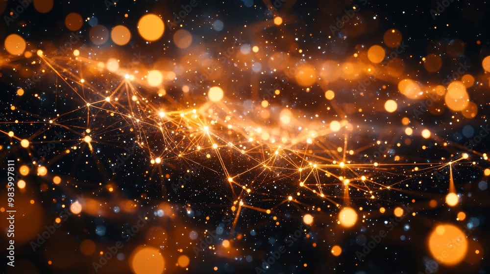 Poster a mesmerizing display of glowing particles and interconnected lines creates an abstract cosmic backg