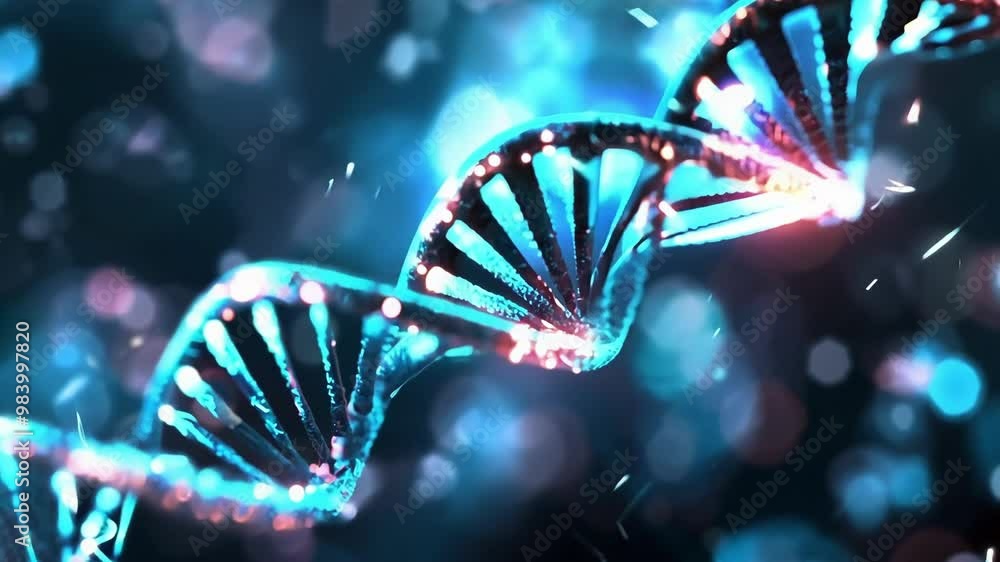 Poster mesmerizing image of a glowing blue and red dna double helix rotating amidst particles on a dark blu