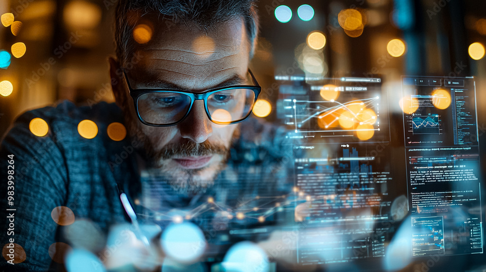 Poster a man is looking at a computer screen with a blurry image of a man's face. ai generated