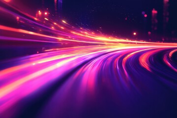 Create a high-speed motion blur effect with vivid light trails in neon purple, red,