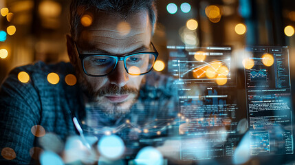 A man is looking at a computer screen with a blurry image of a man's face. AI Generated