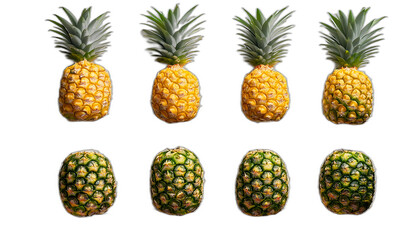 Fototapeta premium Ananas fresco dall'alto- Sei ananas freschi disposti su uno sfondo bianco, visti dall'alto,_1(15)