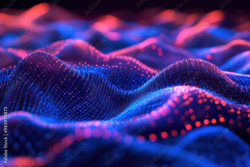 Poster design a highly detailed mesh network that appears to rise and fall like rolling hills.