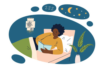 Relaxing bedtime scene with person reading in bed, woman relaxing before sleep, cozy decor, night sky, interior plants. Flat vector illustration in cartoon style, evening routine themes