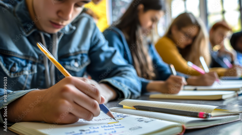 Poster students engaged in writing notes in notebooks during a classroom lesson on a bright afternoon