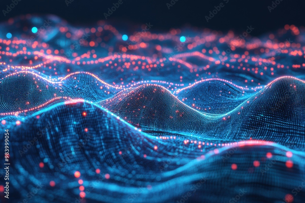 Poster design a highly detailed mesh network that appears to rise and fall like rolling hills.