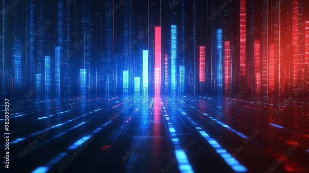 Poster the composition showcases a vibrant display of vertical bars illuminated in blue and red, representi