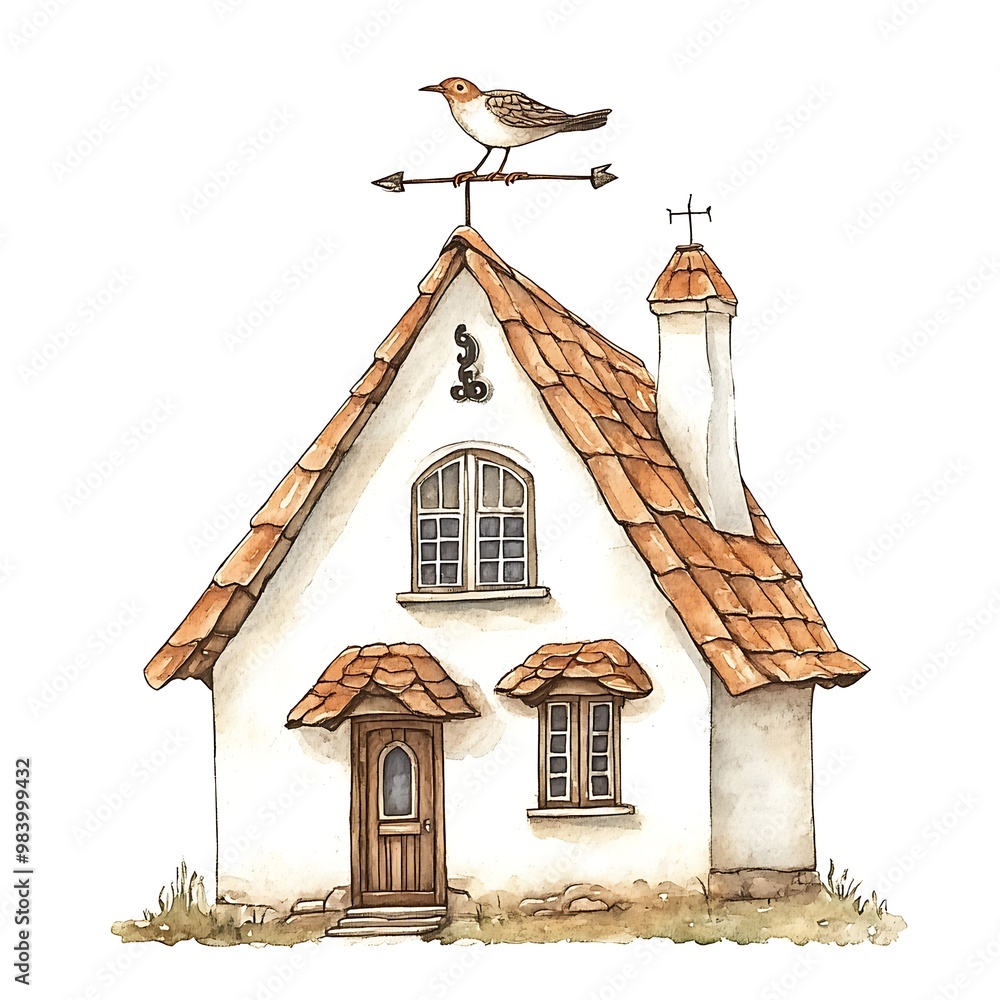 Poster Watercolor Illustration of a Small Cottage with a Bird on the Roof.