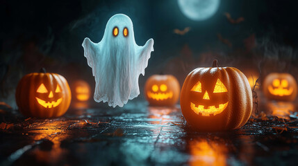 Eerie Ghosts and Flickering Pumpkins Haunt the Cemetery in a Chilling Halloween Night Scene