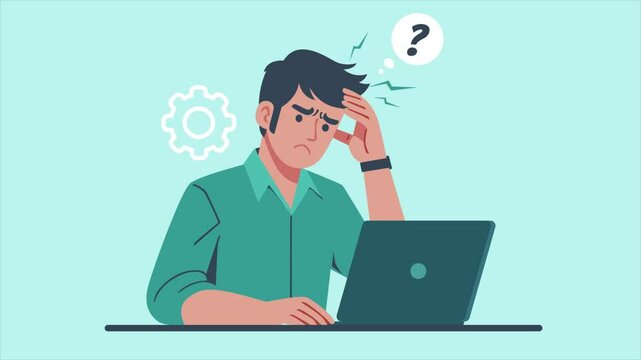 man is having a headache in front of laptop with green screen