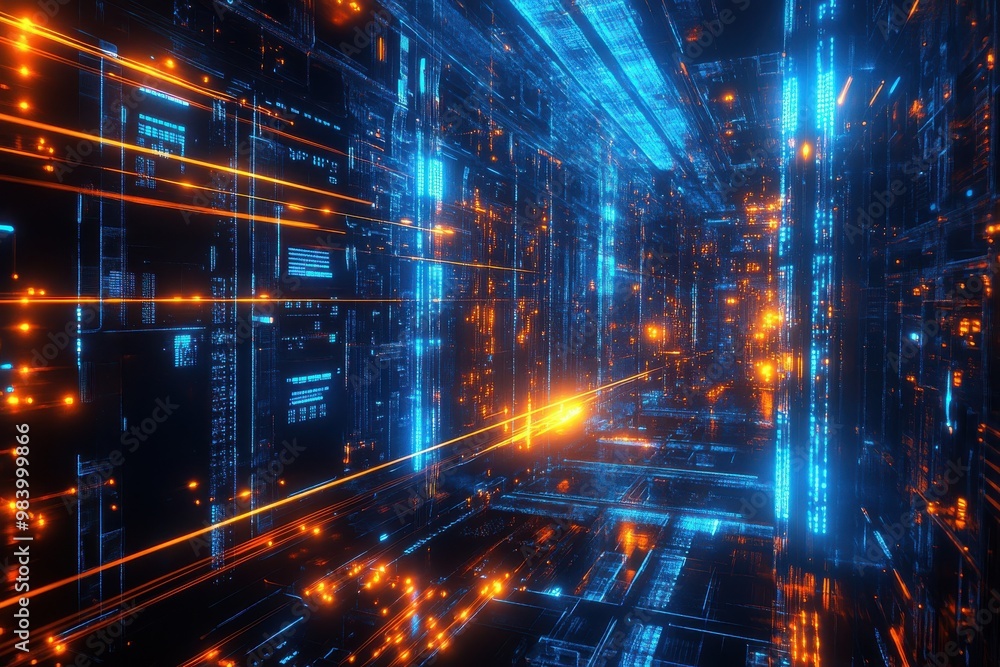 Poster generate a futuristic, high-tech data center or server room filled with complex digital circuits