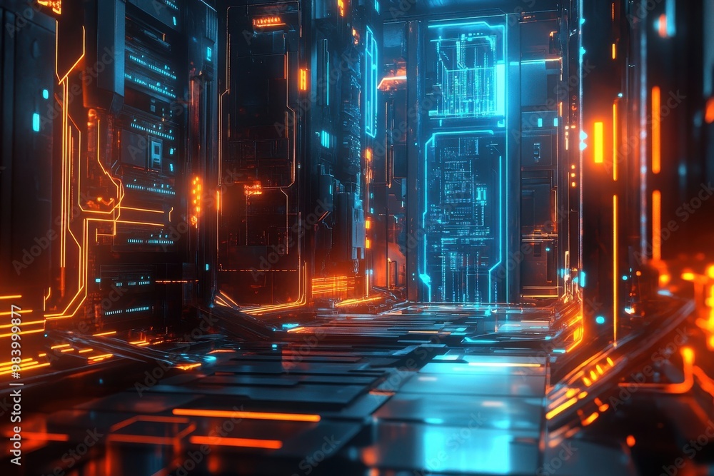 Aufkleber generate a futuristic, high-tech data center or server room filled with complex digital circuits