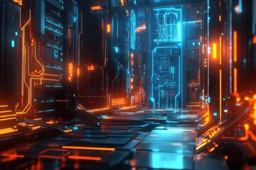 Generate a futuristic, high-tech data center or server room filled with complex digital circuits