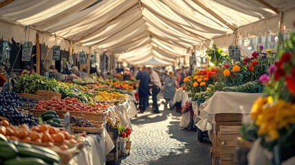 Naklejka premium A bustling farmer's market scene with stalls covered in off-white canopies, offering fresh produce and colorful flowers