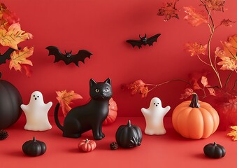 A collection of spooky Halloween decorations, including black cat figurines, ghost cutouts, and mini pumpkins, placed on a red background with room for text