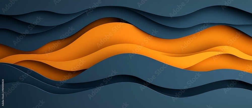 Poster abstract waves blend rich shades of orange and deep blue, creating a visually striking design that e