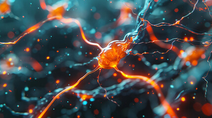 Obraz premium An abstract background filled with organic, pulsating circuits reminiscent of biological structures. Among the circuits, a shadowy, tendril-like form with glowing nodes writhes and pulses, 