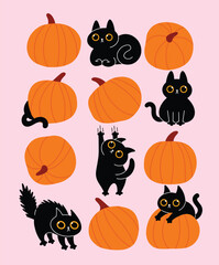 Cute hand drawn cat and pumpkin set. Halloween greeting card template with funny kitten with pumkin. Happy Halloween vector Illustration isolated elements. 