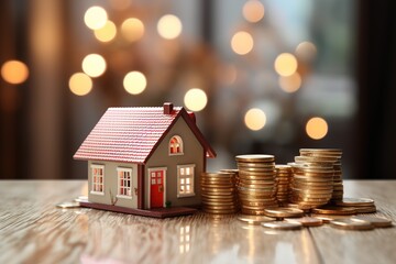 Real Estate Investment. Mini house and coins symbolizing smart financial choices. Ai generative