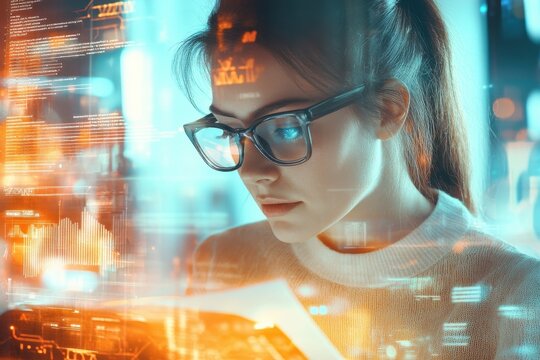 Woman analyzing documents with digital overlay a focused woman wearing glasses