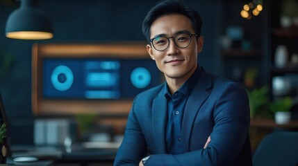 Fototapeta premium Manager with digital dashboard, desk setup, monitoring