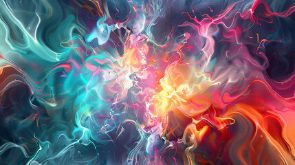 An abstract background depicting a swirling quantum field filled with vibrant energy patterns. Within the field, a complex, geometric form with shifting colors phases in and out of existence, 