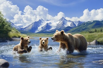 A family of bears plays in a serene river. The majestic mountains and bright sky create a stunning backdrop. Nature is alive with beauty and joy. Generative AI