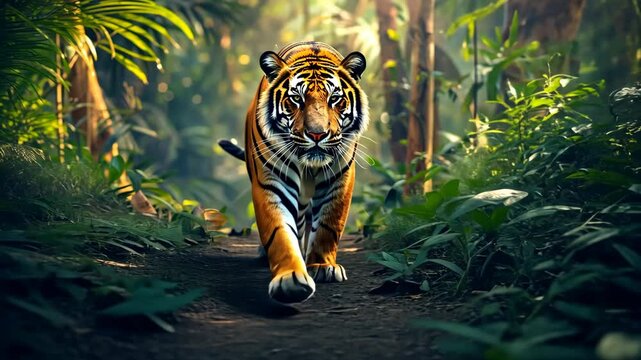 Bengal tiger gracefully walking along a lush jungle path