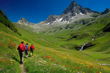 Hikers exploring a vibrant mountain landscape.