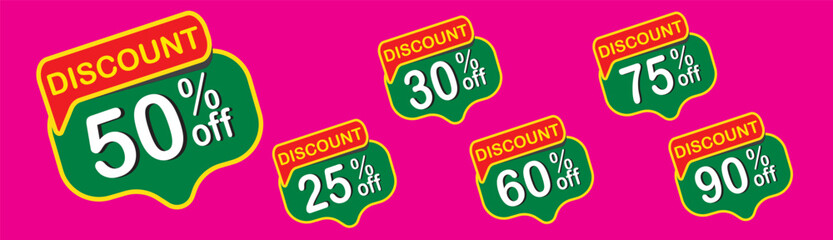 Discount buy now label pop-up banner green stickers with different sale percentage. 25, 30, 60, 50, 75, 90 percent off price reduction badge promotion
