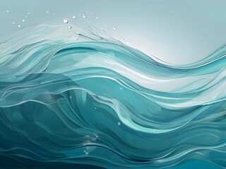 Create a background with an abstract water texture featuring waves and splashes in shades of aqua blue and turquoise green. Add transparency and light reflection effects to give your design depth and 