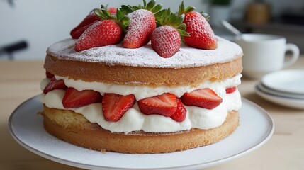 whole victoria sandwich cake, decorated with strawberries
