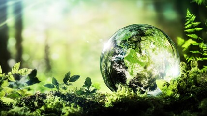 A crystal-clear globe rests on lush greenery, symbolizing nature and the planet's beauty amidst a vibrant forest backdrop.